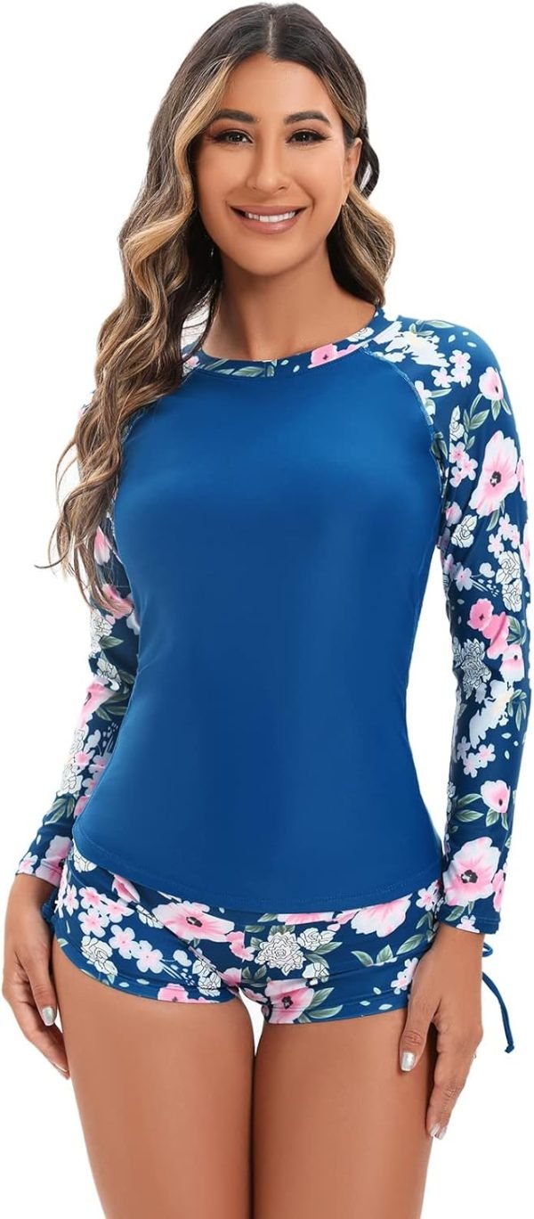 Women 2 Piece Rash Guard Long Sleeve Swimsuits Swim Shirt with Shorts Set Sun Protection UPF 50+ Surf Bathing Suits