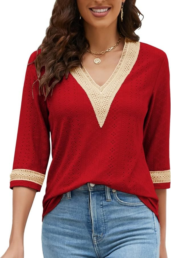 Women's Casual 3/4 Sleeve Shirts Lace V Neck Color Block Dressy Tops Trendy Hollow Floral Blouses T Shirts S-XXL