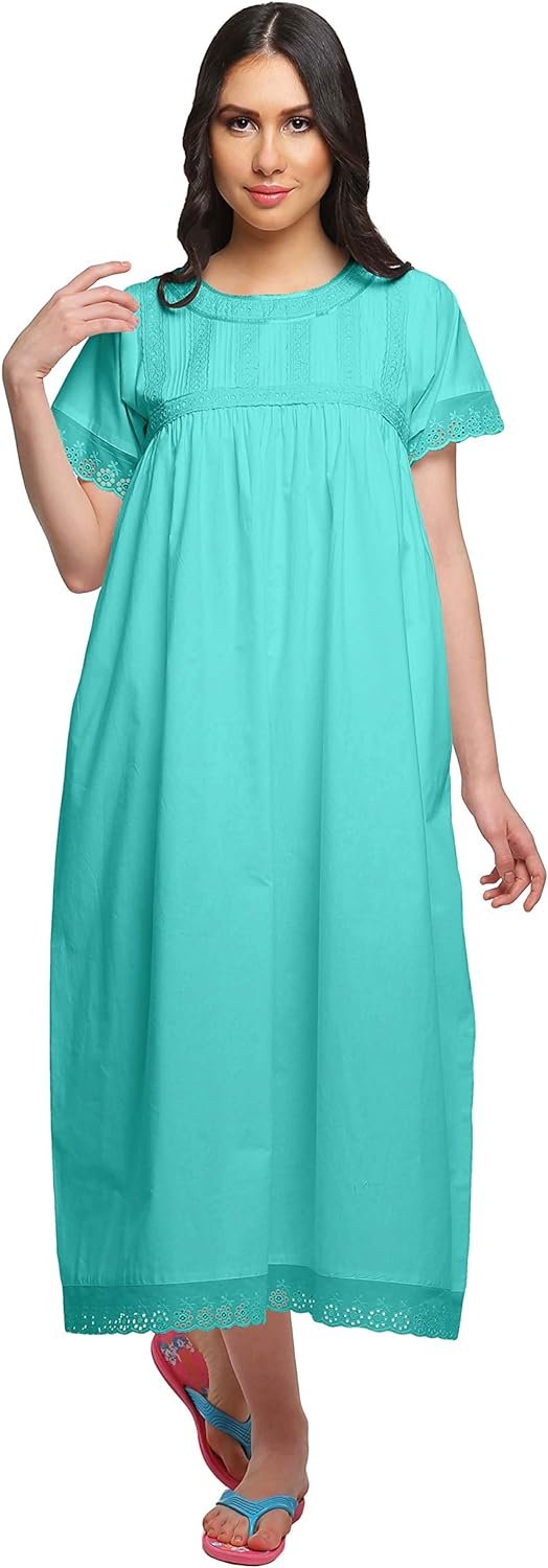 Lace Neckline Cotton Sleepwear For Ladies Womens Round Neck Nightdress