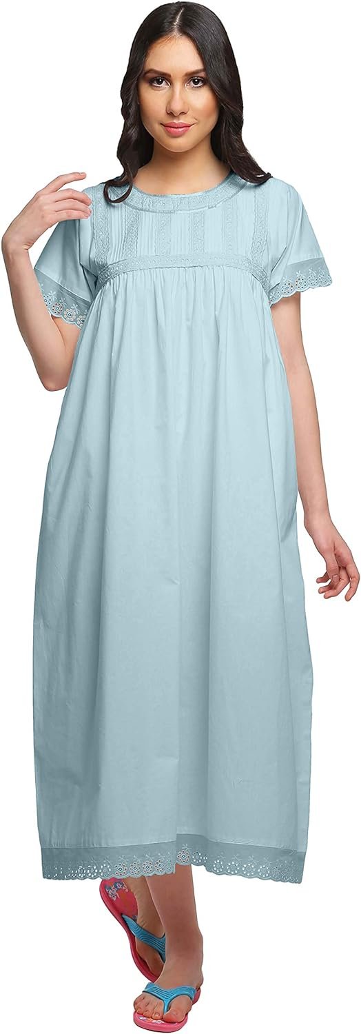 Lace Neckline Cotton Sleepwear For Ladies Womens Round Neck Nightdress